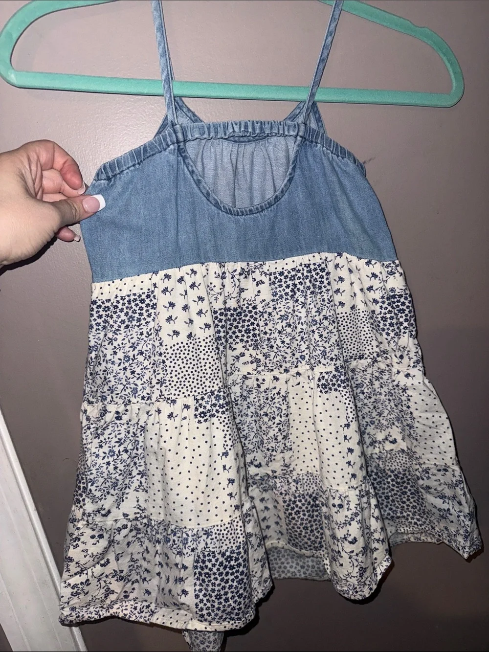 Girls Blue Chambray & White Floral Patchwork Sundress